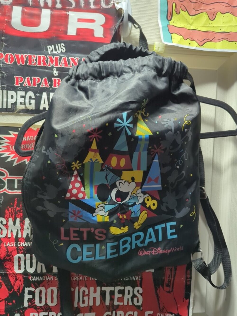 Mickey Celebrate 90  Black Cinch Sac Backpack W/Zip Pocket Walt Disney World